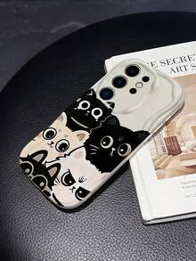 1pc Wavy Edge Cartoon Cat Expression Print Phone Case, Soft TPU Shockproof Protective Cover, Cute Stacked Black And White Kitten Pattern Phone Case Compatible With Samsung, Series Phones - White - View 3