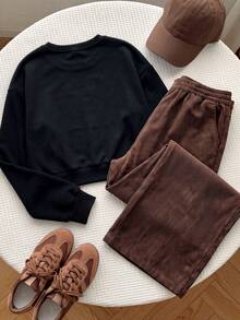2pcs/Set Tween Girls Autumn/Winter Letter Print Crew Neck Sweatshirt + Corduroy Long Pants Retro Casual Daily Outing Children Sports Outfit - Brown - View 3