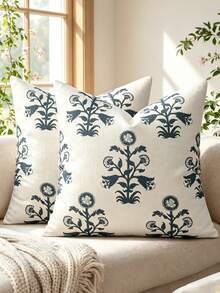 1 pieza Funda de almohada decorativa floral neutra vintage, estilo bohemio de granja con teñido en bloques, adecuada para decoración de hogar moderno de campo, sofá cama sala de estar, funda de almohada blanca y azul, decoración de dormitorio de residencia estudiantil - Azul y blanco - Ver 1