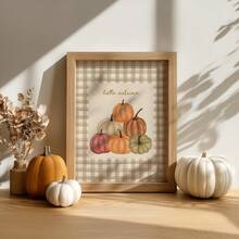 1pc Frameless Hello Fall Plaid Canvas Poster, Cozy Neutral Autumn Wall Art Decor For Kitchen, Bedroom, Dorm Essentials, Funky Vintage Prints For Back To School, College Room - Pumpkin - View 4