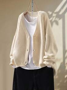 Plus Size Women's Apricot Khaki Cardigan Knit Sweater With Buttons Long Sleeve Jacket Versatile Casual Minimalist Sporty Loose Vacation College Fall - Apricot - View 2