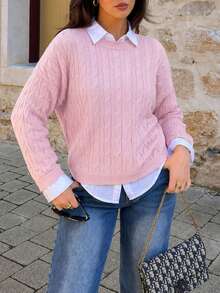 Women's Solid Color Ribbed Cable Knit Sweater For Daily Wear In Spring And Autumn - Pink - View 5