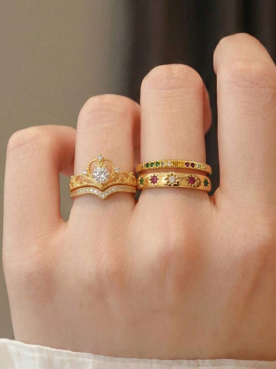4 piezas de anillos de mujer de estilo de moda con patrón de corona, estrella y luna, de material de cobre multicolor, adecuados como accesorios para atuendos diarios - Multicolor - Ver 1