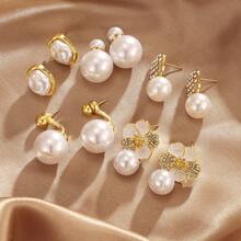 10pcs Fashion Minimalist Large Pearl Stud Earrings, Vintage Elegant Niche Versatile Design, Luxury High-End Ear Jewelry - Gold - View 2