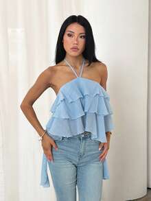 Summer Blue Sexy Ruffle Halter Top, Suitable For Dating, Dinner, Party, Vacation, Birthday, Holiday - Baby Blue - View 4