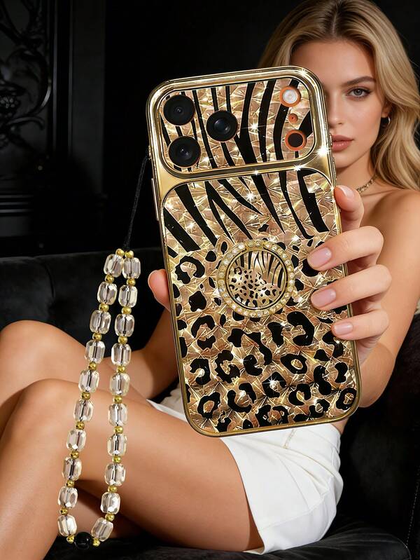 1pc Leopard Print Rectangle Pattern Anti-Drop Fashion Rectangular Phone Case, With Short Crystal Wrist Strap And Ring Holder, European And American Style, Large Lens Hole, Luxury, Valentine's Day Gift, Shockproof, Compatible With Apple Compatible With IPhone 17promax/17/16 15 14 13 Promax/15 14 Plus/Compatible With Samsung Compatible With Galaxy S26Ultra/S26 Plus/S26/S25 Ultra/S25+FE/A57/A56/A37/A36/A17/A16