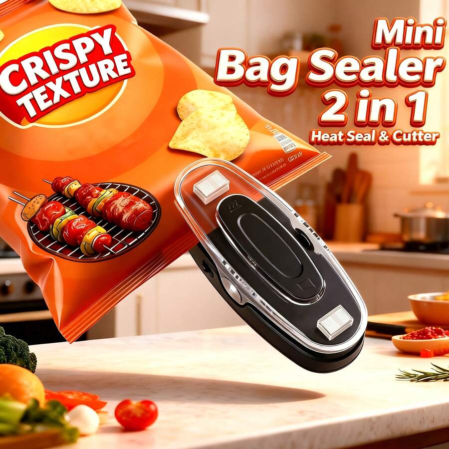 Mini Portable USB Rechargeable Heat Sealer 2-In-1 Sealing & Cutting Machine, Snack Preservation Kitchen Storage Christmas Gift Recommendation, 300mAh