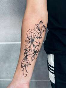 1 Folha de Adesivos de Tatuagem Temporária à Prova d'Água com Flor de Lírio de Linha Fina, Tatuagens Falsas de Transferência com Esboço Preto de Videira Floral Curva, Adesivos Corporais Realistas de Longa Duração para Antebraço, Pulso, Tornozelo, Casamento, Férias e Decoração Corporal Diária - Preto - Visão 3
