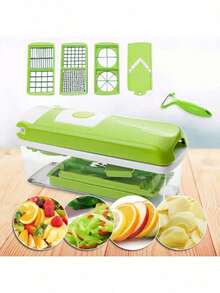 Multifunctional Vegetable Slicer With Interchangeable Blades, Transparent Container, Detachable Design For Salads, Fruits, And Kitchen Food Preparation - Green - View 11
