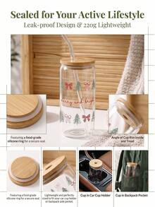 1 pièce Tasse en verre transparent avec couvercle en bambou et paille en verre, 3 motifs floraux de Noël, bonhomme en pain d'épices des fêtes, canne de bonbon, sapin de Noël, imprimé nœud, tasse à boire réutilisable scellée pour café glacé, cadeau de fête de Noël pour la maison en hiver - Multicolore - Voir 6