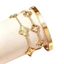 3Pcs Gold Stackable Bracelet Set, Rhinestone Bangle, Solid & Hollow Clover Chain Bracelets For Women - Gold - View 6