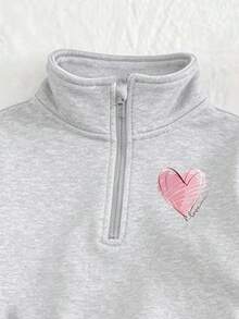 2pcs/Set Girls Pink Heart Print Half-Zip Hoodie & Pants Set, Autumn/Winter Fashion Comfortable Outfit - Multicolor - View 4