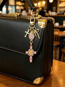 Christian Keychain With Pink Rhinestone Cross, Bow And Virgin Mary Decoration - Cross Keychain, Bag Charm, Cross Pendant, Wallet Backpack Accessory, Earphone Case Accessory, Luggage And Car Decor Keychain, Suitable As Birthday Gift, Back To School Gift, Teacher's Day Gift - Multicolor - View 10