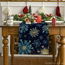 1pc Christmas Blue & Gold Snowflake Table Runner, Multi-Tone Winter Snowflake Deep Blue Background Rectangular Tablecloth, Farmhouse Style Winter Christmas Kitchen Dining Room Home Decor - Royal Blue - View 5