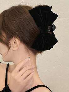 1件女款純色植絨水鑽裝飾雙層蝴蝶結大號髮夾，優雅甜美風，適合校園、派對、舞蹈及日常配戴，情人節禮物 - 黑色 - 查看 4