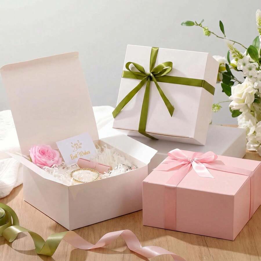 Caja de regalo con cinta rosa y tapa (7.87x7.87x3.94 pulgadas) 10 piezas/paquete Caja de papel de regalo premium, adecuada para Navidad, boda, recuerdos de invitados de boda, graduación, vacaciones, fiesta de cumpleaños, regreso a la escuela y otras ocasiones - Múltiples estilos - Ver 1