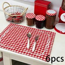 1/2/6pcs French Red & White Gingham Bow Embroidery Placemats, Ins Style Vintage Pastoral Fabric Heat-Resistant Table Mats For Afternoon Tea Table Decor - Multicolor - View 10