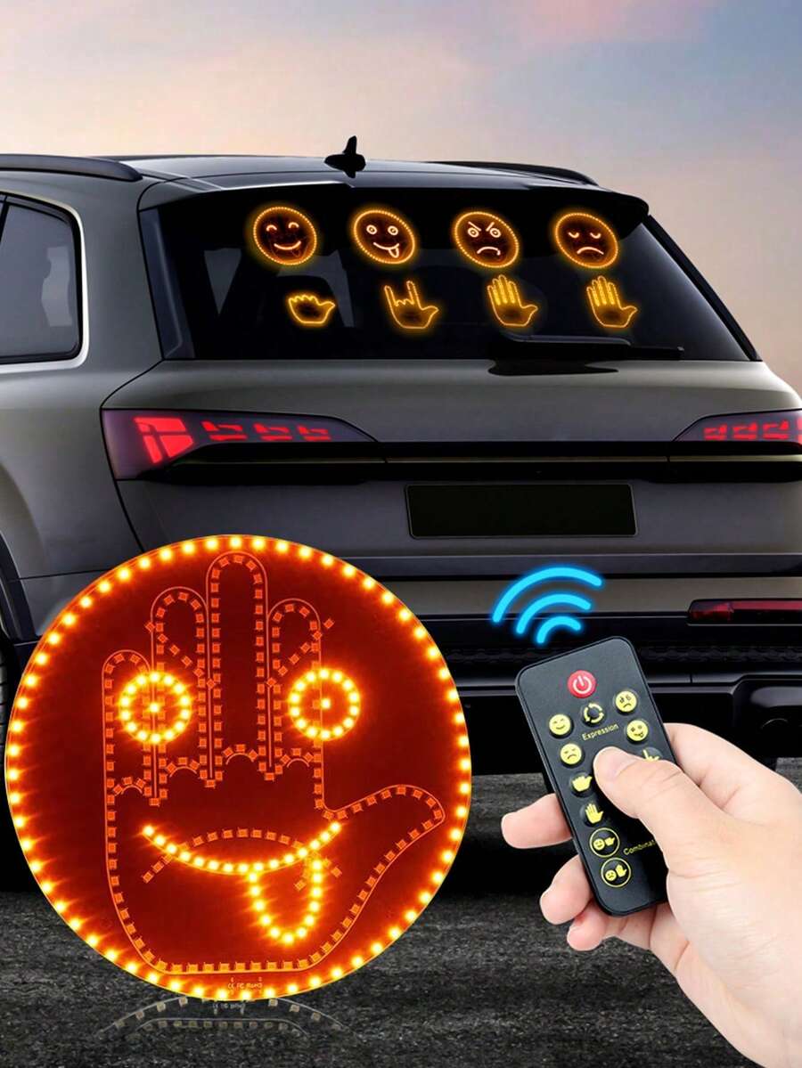 1pc Funny LED Car Finger Light, Gesture Light, Suitable For Car, New Finger Light LED Car Rear Window Sign Light, With Remote Control, Suitable For Road Rage LED Car Accessories, 8 Modes, Battery Powered - Black - View 1