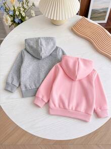 Baby Girls 2pcs Set Grey & Pink Bow Print Minimalist Long Sleeve Hooded Zip-Up Jacket, Solid Color Ribbed Cuffs Casual Fashion Outdoor Cardigan Top - Multicolor - View 2