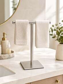 1pc T-Shaped Desktop Towel Rack, Drill-Free Standing Metal Hand Towel Holder, Bathroom Vanity Kitchen Countertop Small Towel Storage, Matte Black/Silver Dual Color Options Desktop Towel Rack, Jewelry Storage Rack, Bathroom Towel Bar, Countertop T-Shaped Toilet Paper Holder, Storage Rack - Multicolor - View 3