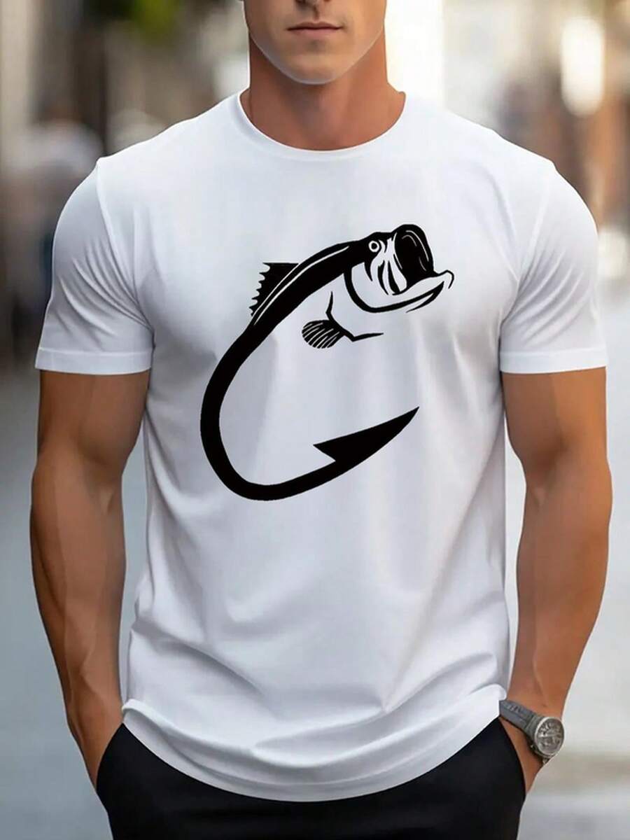 Fishing Hook Graphic T-Shirt, Funny Gift For Fishermen, For Men - 白色 - 查看 1