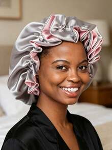 1pc Reversible Silk Satin Sleep Cap, Adjustable Sleeping Hat Sleep Bonnet - Grey - View 2