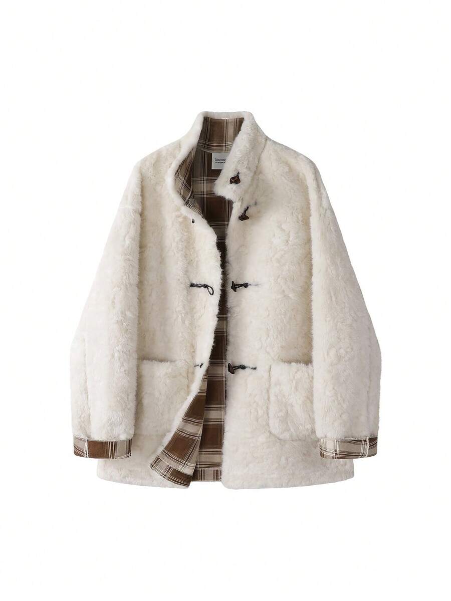 Korean Vintage Horn Button Leather Fur Jacket, Button-Up Coat, College Style, Casual Daily Wear, Autumn/Winter - Apricot - View 1