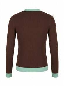 Korean Style Chic Color Block 2 In 1 V-Neck Knit Pullover Long Sleeve Sweater Women Fashion Slim Fit Elegant Knit Top Fall - Coffee and Green - View 7