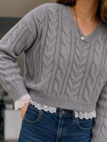 Sweater Rajut Kabel Leher V dengan Hiasan Renda - Pullover Longgar yang Nyaman untuk Musim Gugur, Cocok untuk Gaya Kasual Sehari-hari dan Kampus di Musim Gugur - Grey - View 3