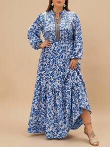 Voworia Plus Size Women Holiday Style Printed Ribbon Patchwork Flowy A-Line Long Sleeve Dress Spring Vacation Elegant Casual - Blue - View 2
