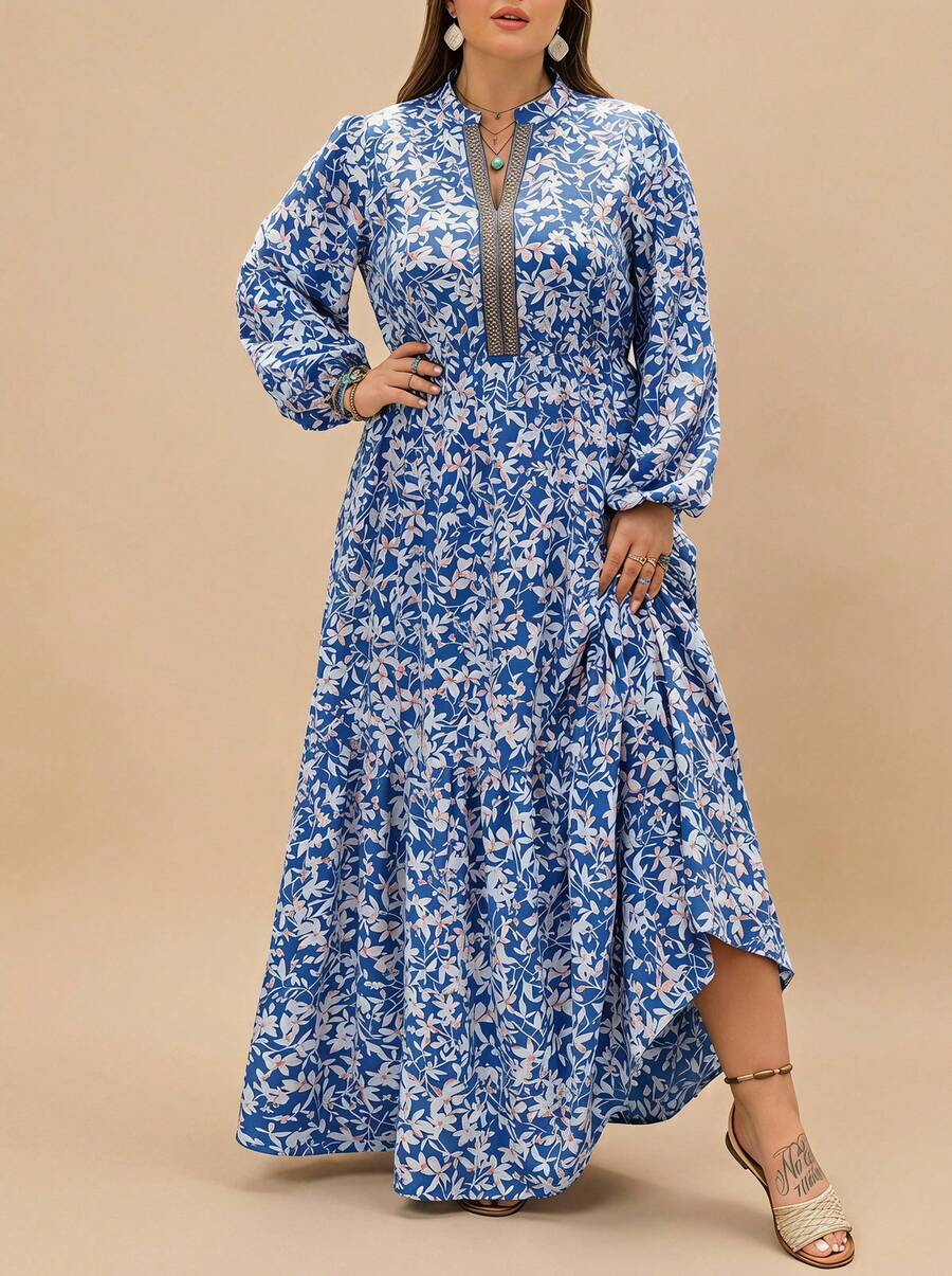 Voworia Plus Size Women Holiday Style Printed Ribbon Patchwork Flowy A-Line Long Sleeve Dress Spring Vacation Elegant Casual