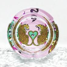 Fashionable Leopard Pattern Glass Ashtray, 3.34 Inch Round Ashtray, Home Decor Gift For Friends, Cartoon Animal Theme Ashtray - Colorful - View 1