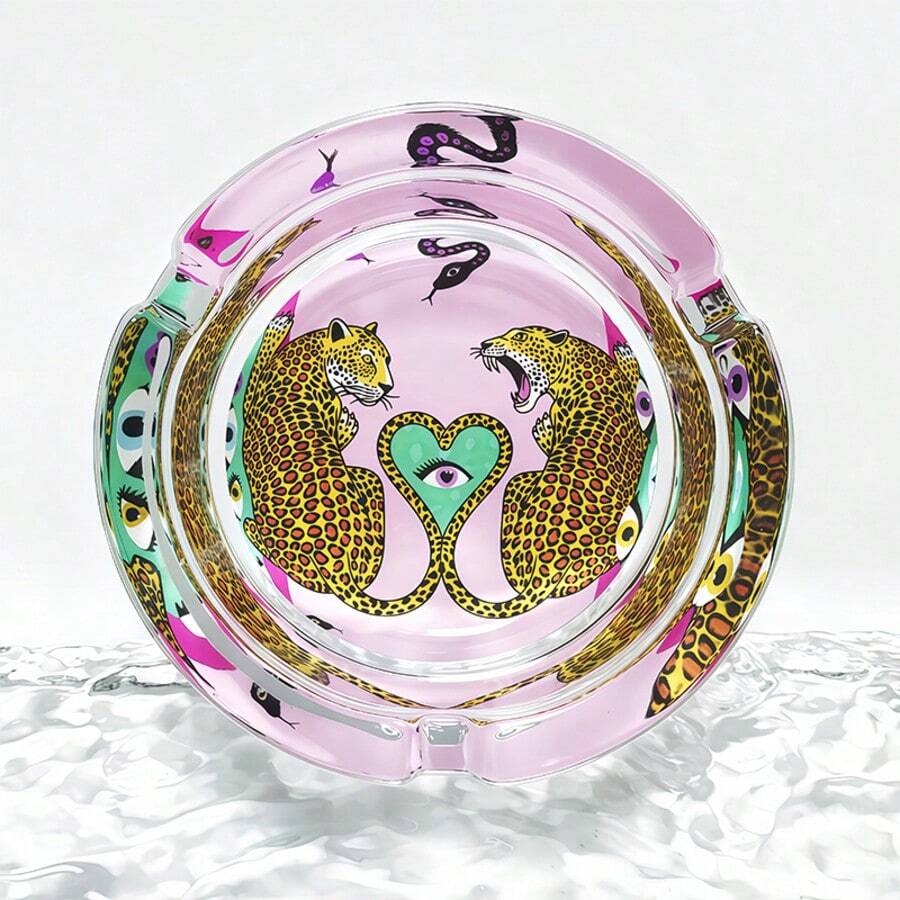 Fashionable Leopard Pattern Glass Ashtray, 3.34 Inch Round Ashtray, Home Decor Gift For Friends, Cartoon Animal Theme Ashtray - Colorful - View 1