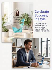 1pc Customized Photo & Text Trophy, Personalized Employee Recognition Award, Business Achievement Thank You Gift, Custom Photo Desktop Commemorative Trophy - Multicolor - View 2