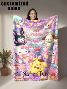 SANRIO 1件卡通主題客製化毛毯，可客製化個人姓名與愛心元素，可愛甜美風格，柔軟舒適，可機洗，適用於沙發、床鋪、旅行，送給家人與朋友的完美禮物 - 彩色 - 查看 13