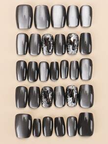 30 piezas de uñas postizas cortas cuadradas, uñas falsas con degradado negro y plateado efecto ojo de gato con gran strass negro y purpurina plateada, kit reutilizable con pegatinas de pegamento de gelatina y lima de uñas para mujeres, suministros de manicura para fiestas - Multicolor - Ver 2