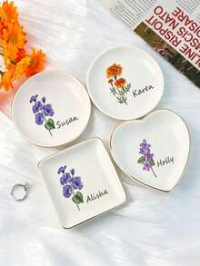 Custom Birthday Flower & Name Ceramic Jewelry Dish, Personalized Gold Rim Ring Holder Tray, Customized Gift For Women And Bridesmaids - White - View 4