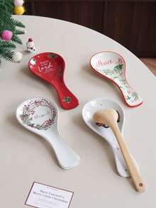 1pc Christmas Holly Ceramic Spoon Rest, Can Hold Soup Spoon And Long Handle Spoon, Kitchen Countertop Anti-Splash And Anti-Drop Spoon Holder, Suitable For Home Decor Tableware Storage, Tableware Cutlery, Soup Spoon Tray, Gift, Holiday Decoration - Multicolor - View 3