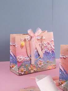 Oil Painting Pattern Gift Paper Bag With Ribbon, Portable Paper Gift Bag Tote, Purple Petal Cream Color, Suitable For Wedding Creative Birthday Decoration, Birthday Gift Bag, Wedding Party Gift Bag, Wedding Guest Favor, Valentine's Day - Cloud Mountain Petals - View 1