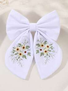 1pc Floral Embroidery White Fabric Bow Hair Clip,Clip For Hair,Alligator Clip,Exquisite Casual Hair Clip,Girls Kids Hair Accessory For Daily Wear - Multicolor - View 1