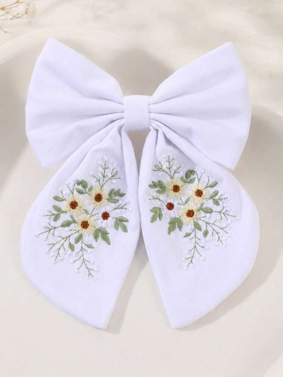 1pc Floral Embroidery White Fabric Bow Hair Clip,Clip For Hair,Alligator Clip,Exquisite Casual Hair Clip,Girls Kids Hair Accessory For Daily Wear - Multicolor - View 1