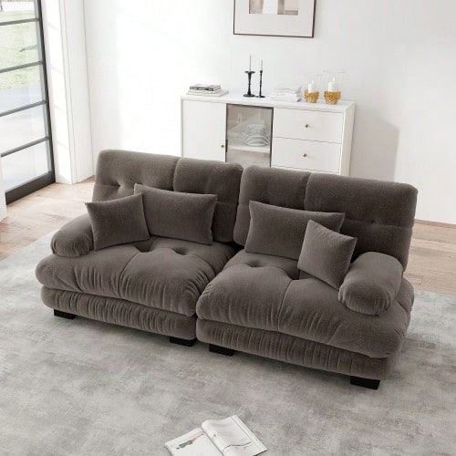 Cloud Corner Sofa For Living Room, Chenille Sofa With 2 Lumbar Cushions And 2 Decorative Pillows - Brown - View 1