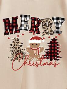 Plus Size Men's Beige Plaid Leopard Print Christmas Tree & Gingerbread Man Graphic Hoodie, Loose Fit Kangaroo Pocket Casual Pullover Sweatshirt - Multicolor - View 6