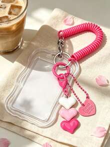 Transparent Wavy Card Holder With Portable Spring Rope Design, Heart Pendant Design, Durable Fashion Accessory, Suitable For Women, Cute And Practical Plastic Keychain, Campus Essential, Fashion Keychain, Cute Heart Pendant, Suitable For ID Cards, Credit Cards, Bus Cards And Keys - Multicolor - View 4