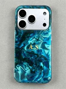 [Customized] Personalized Customized Letters Golden Custom Name Blue And Rose Red Sea Irregular Water Wave Texture Soft Pattern Phone Case Compatible With IPhone 17 Pro Max 17 16 15 14 13 12 Pro Max 14 15 16 Plus Shockproof Protective Cover - Blue - View 26