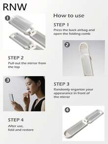 RNW Folding Hair Brush With Mirror, Compact Portable, 180° Foldable, Hair Styling Tool For Travel & Daily Use, 1 Pc,Brand Beauty Cosmetic Makeup - White - View 5