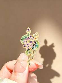 1pc Dragonfly & Lotus Brooch, Zen Lotus Design, Fresh And Elegant, Effortlessly Enhances Outfit With Chinese Style Atmosphere, Secure Pin, Hard To Fall Off, Perfect For Daily Commute And Travel, Exquisite Accessory With Oriental Aesthetic - Multicolor - View 1