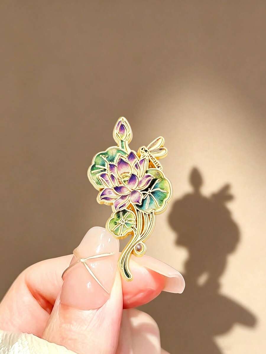 1pc Dragonfly & Lotus Brooch, Zen Lotus Design, Fresh And Elegant, Effortlessly Enhances Outfit With Chinese Style Atmosphere, Secure Pin, Hard To Fall Off, Perfect For Daily Commute And Travel, Exquisite Accessory With Oriental Aesthetic - Multicolor - View 1