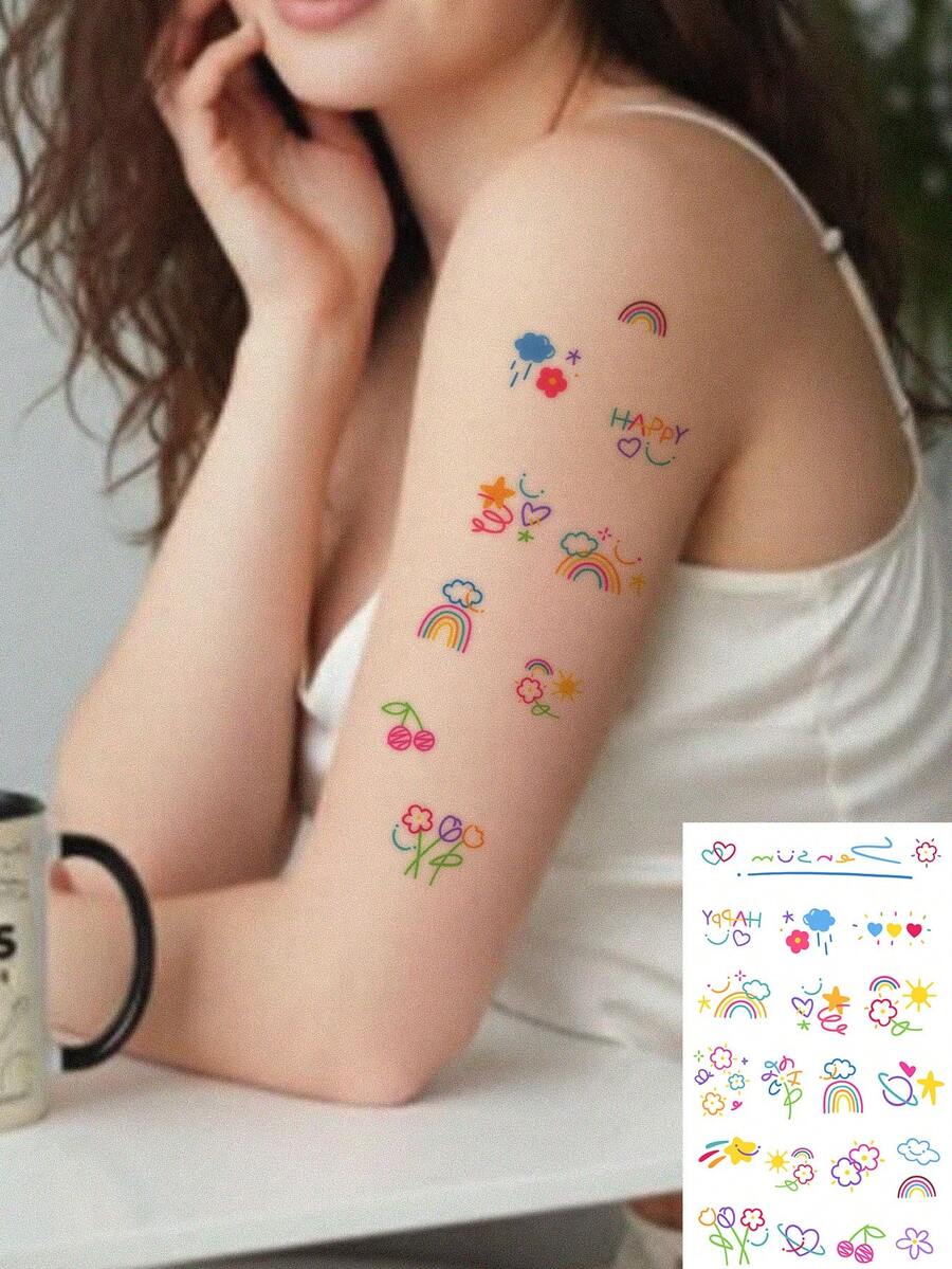 1pc Washable Ins Style Niche Healing Tattoo Sticker, Scattered Small Flowers + Planets, Waterproof Non-Fading Forest Fresh Upper Arm Realistic Tattoo Sticker For Girls - Multicolor - View 1
