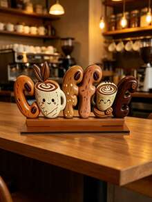 1pc Wooden Coffee Sign Tabletop Decor, Cute Cartoon COFFEE Letter Decorative Plaque, Farmhouse Style Coffee Bar Accessory, Coffee Station Desktop Centerpiece Ornament, Suitable For Kitchen Countertop, Home Coffee Shop Decoration - 1PC - View 10